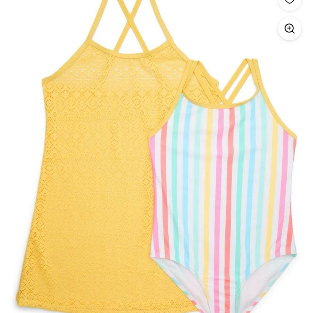 Yellow Cover-Up and Striped Swimsuit Set
